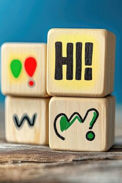 Wooden blocks with greetings and question marks