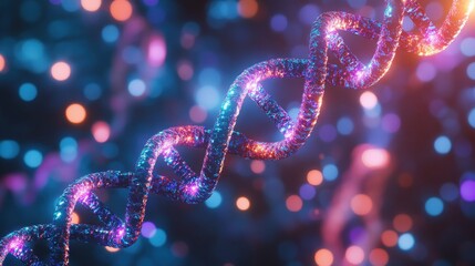Wall Mural - Close-Up Rotating DNA Double Helix with Vibrant Colors and Lights