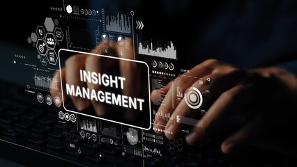Poster - Hands Typing on Keyboard with Data Visualization Overlays Representing Insight Management Concept in Digital Environment. Asymptotic smart data analytic.