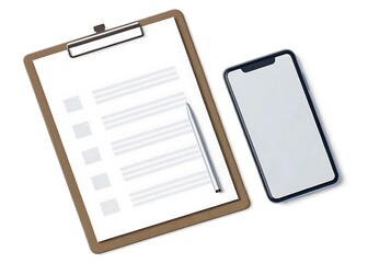 Fototapete - A clipboard with a checklist and a mobile phone are isolated on a white background, creating a clean and organized workspace for business and creative endeavors