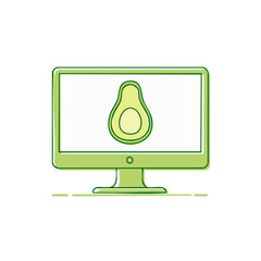 Fototapete - Green Computer Displaying Avocado on Screen Minimalist Icon Vector Illustration