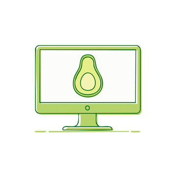 Green Computer Displaying Avocado on Screen Minimalist Icon Vector Illustration