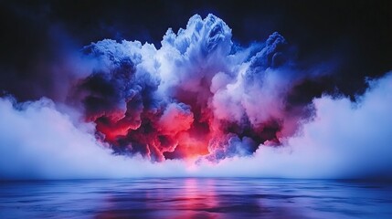 Wall Mural - a flock of clouds drifting above a tranquil body of water amidst an azure sky tinged with red and bl