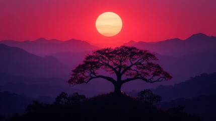 Wall Mural - the sun sets majestically behind a picturesque mountain range, framed by a lone tree in the foregrou