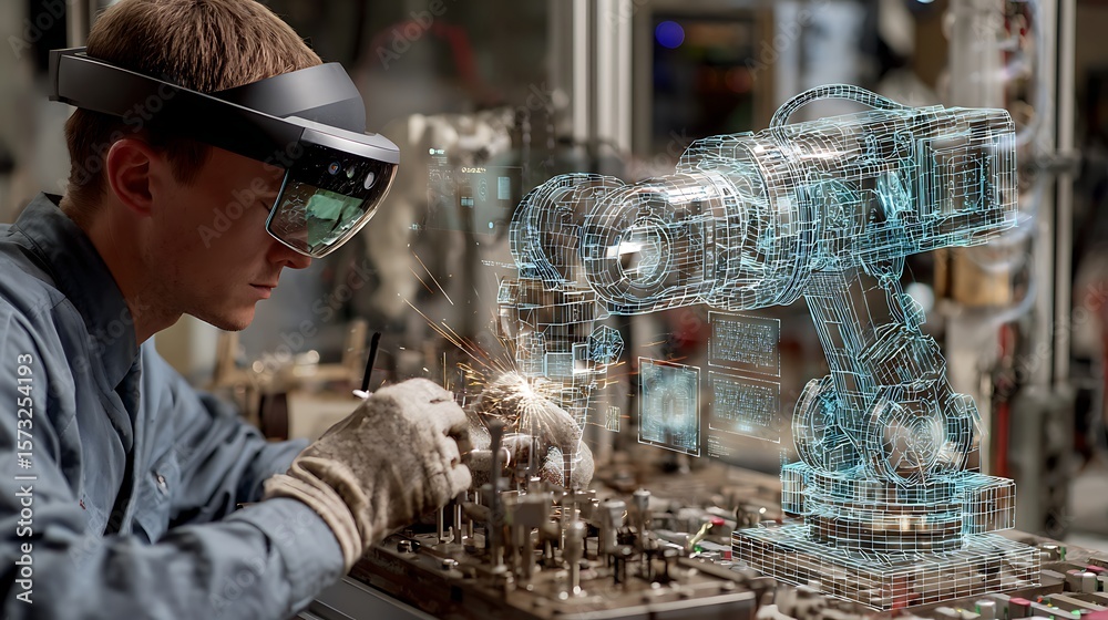 High-tech engineers using augmented reality to repair robotic machines ...
