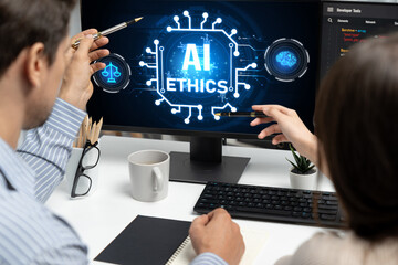 Poster - AI ethics responsibility standard law and rules on computer screen provide report of AI ethic transparency preventing technology crime. brisk