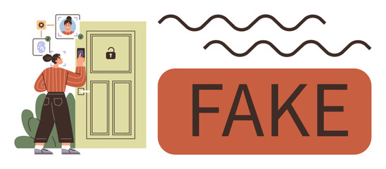 Poster - Woman scans face for door security access. Alert about fake identity pops up. Ideal for cybersecurity, tech, fraud detection, privacy, AI, modern safety access control. Simple flat metaphor