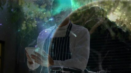 Poster - Apron clad male scrolling tablet initiating holographic globe forming and visualizing network data