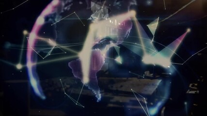 Poster - Faint triangles appearing over worktable linking into filaments and forming rotating tech hologram