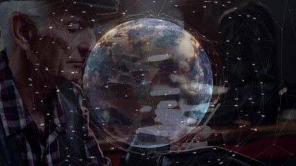 Poster - Senior man tapping tablet with stylus and exploring rotating holographic Earth tech network lines