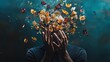 © Juan - Surreal visual with flowers exploding from man’s head in dark imaginative concept emotional portrait art