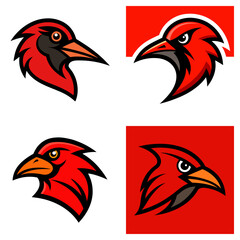 Poster - Collection of four cardinal bird head illustrations in red and black color scheme with varied backgrounds