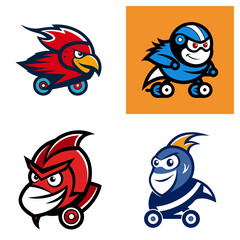 Poster - Four cartoon bird characters with different designs on wheels in a square arrangement design