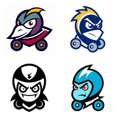 Poster - Four cartoonish characters with wheels and angry expressions in a colorful graphic design layout