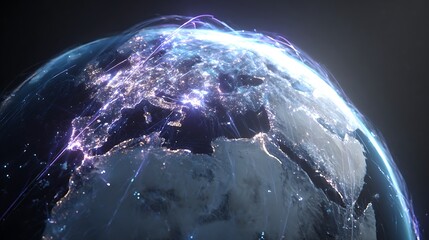 Poster - Interactive holographic globe mapping AI-driven solutions to global problems with glowing lines