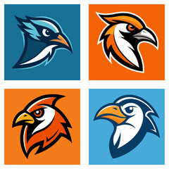 Poster - Collection of four square images featuring stylized bird head logos on colored backgrounds