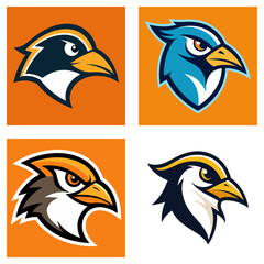 Poster - Collection of four stylized bird head logos in various colors and designs on square backgrounds