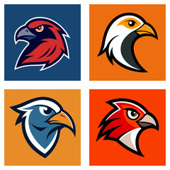 Poster - Four square panels displaying stylized bird head logos with different color schemes and backgrounds