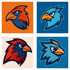 Poster - Four stylized bird head logos in red and blue color schemes on different colored backgrounds shown here