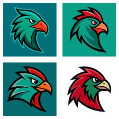 Poster - Illustration showing four variations of an eagle head logo with different color schemes and backgrounds
