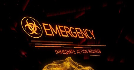 Poster - Glowing biohazard emerging, EBK changing to EMERGENCY, IMMEDIATE ACTION REQUIRED, enveloping mesh