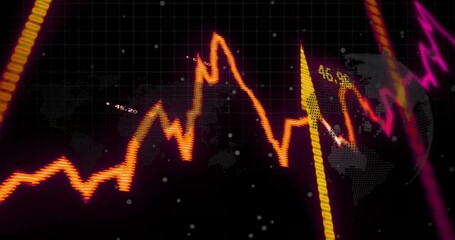 Poster - Opening dark grid over world map waveform scrolling magenta trailing bar pulsing visualizing data