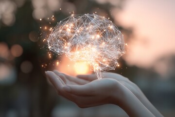 Fototapete - Abstract glowing polygonal brain network held by human hands symbolizing digital intelligence innovation artificial mind power future technology consciousness ideas creativity