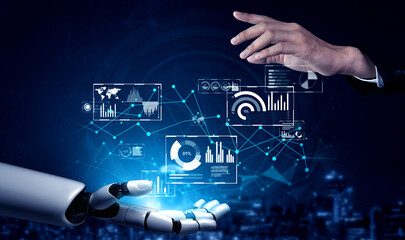 Poster - AI artificial intelligence drives data analytics with predictive models, smart dashboards, and virtual assistant insights for data-driven business decisions. Vouch