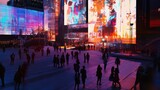 Vibrant Cityscape at Night with People Silhouettes and Digital Art Facades