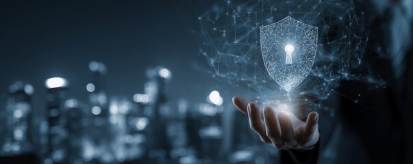 Fototapete - Businessman's Hand Protecting Digital Network Data with Cybersecurity Shield Over Blurred Cityscape Technology Concept Safeguarding Global Business Information and Privacy