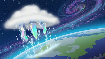 Wall Mural - A raincloud above Earth with holographic crystal lightning bolts, cartoon animation, divine scale, soft falling rain 