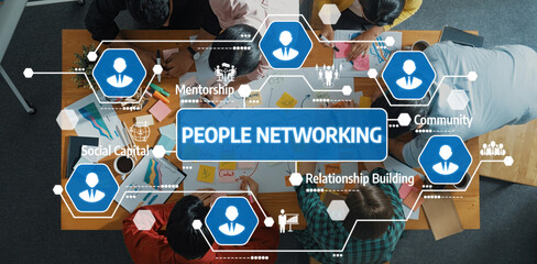 Poster - Dynamic scene of individuals engaging in people networking, showcasing collaboration, mentorship, and relationship building through creative activities in a productive workspace. Amity