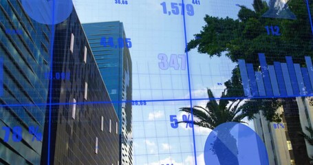 Poster - Blue grid fading in starting charts numbers rising counting palm tree skyscrapers visualizing data