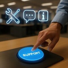 Poster - A person's hand confidently presses the illuminated support button, symbolizing assistance and guidance. The scene is completed by a digital interface with icons.
