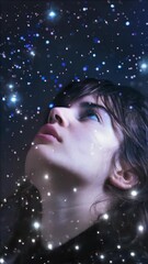 Wall Mural - Dreamy woman gazes upward into the night sky with star-filled cosmos above her.