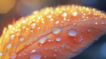 Poster - Close-up of a vibrant orange feather adorned with dew droplets shimmering in soft light at dawn