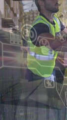 Poster - Animation of diverse data over caucasian male courier unpacking car