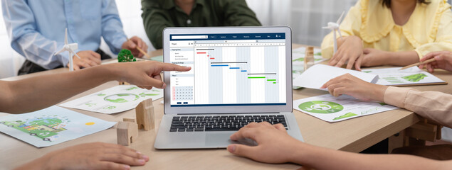 Fototapete - Project planning software for brisk business project management on the computer screen showing timeline chart of the team project