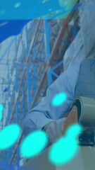 Poster - Animation of data processing and world map over caucasian male workers in warehouse