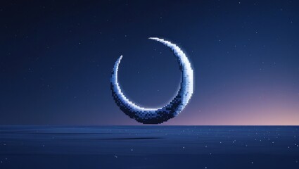 Wall Mural - A pixelated crescent moon floats above a reflective surface in a dark, starry night.