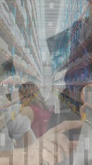 Poster - Animation of financial data processing over diverse business people in office and warehouse