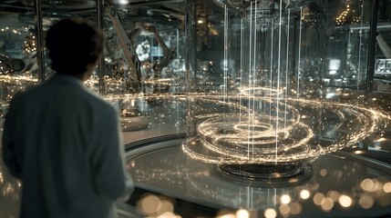 Poster - Robotic engineers observing shimmering light graphs spiraling around a central AI core under glass