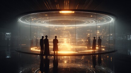 Poster - Robotic engineers observing shimmering light graphs spiraling around a central AI core under glass