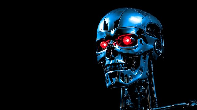 Close-up view of a metallic robot head.