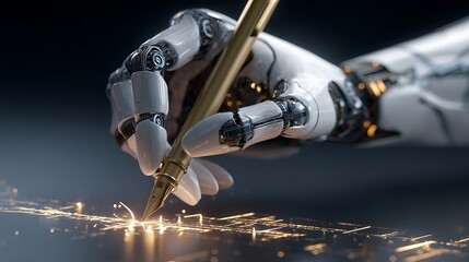 Poster - Robotic hands writing virtual AI algorithms into the air as bright light streams follow 
