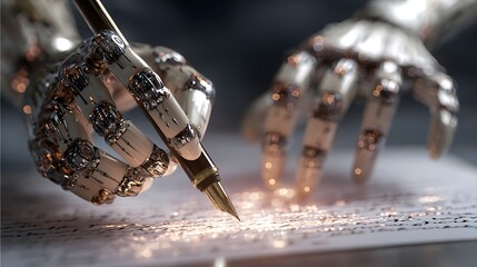 Poster - Robotic hands writing virtual AI algorithms into the air as bright light streams follow 
