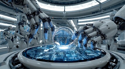 Poster - Robotic hands manipulating illuminated data orbs inside a high-tech lab filled with light panels
