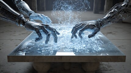 Poster - Robotic hands assembling intricate light-based data structures hovering above a transparent table 