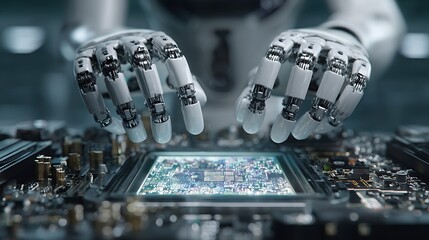 Poster - Robotic hands carefully inspecting holographic computer chips inside a high-tech engineering lab