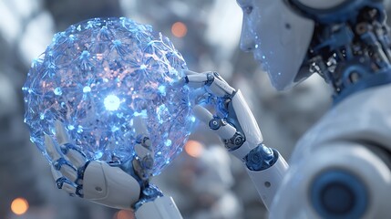 Poster - Robotic scientists analyzing a spherical light representation of AI neural networks glowing gently blue 
